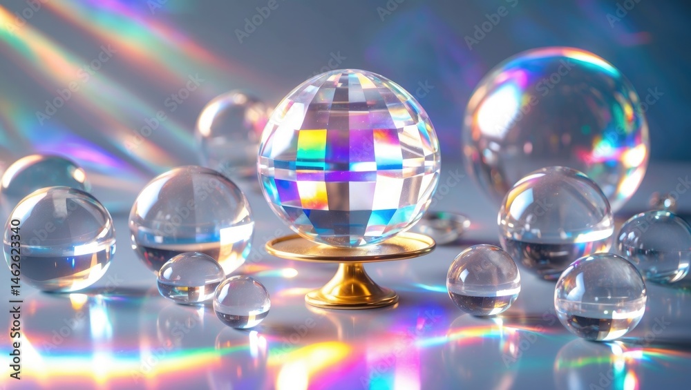 Holographic Quartz Crystal Balls Displaying Refracted Colorful Light Effects Holographic Quartz Crystal Balls Displaying Refracted Colorful Light Effects