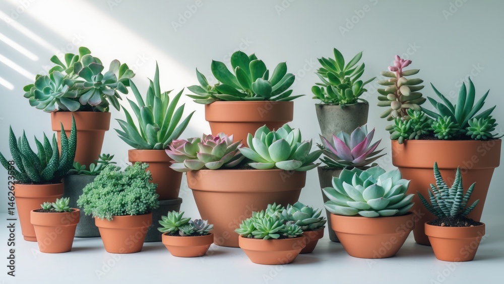 Overhead shot of isolated succulent plants in pots with green and purple leaves against white backdrop Overhead shot of isolated succulent plants in pots with green and purple leaves against white backdrop