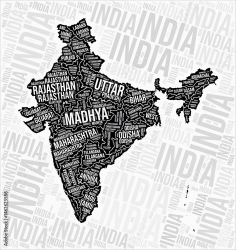 India states map word cloud. India region names. Black and white map design. Modern vector illustration.