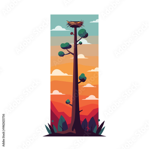 Tall Tree with Bird Nest at Sunset for Nature Blogs and Serene Themes