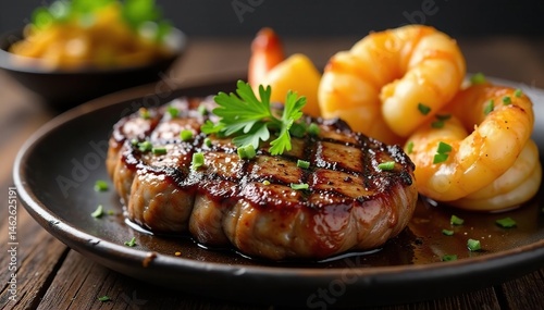 Sizzling steak, roasted potatoes, garlic shrimp , entree, fresh, culinary