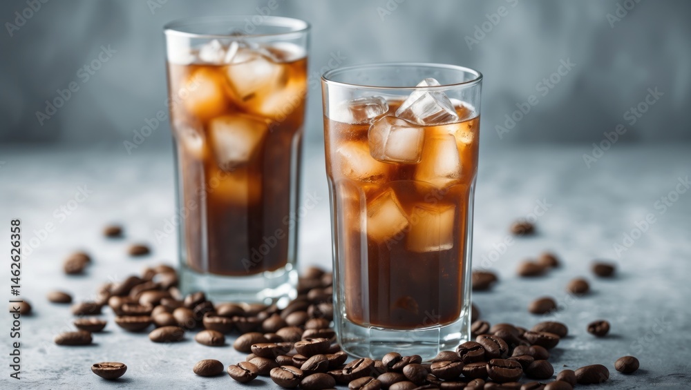 Iced Coffee Drinks in Glasses with Roasted Beans on Grey Background Iced Coffee Drinks in Glasses with Roasted Beans on Grey Background