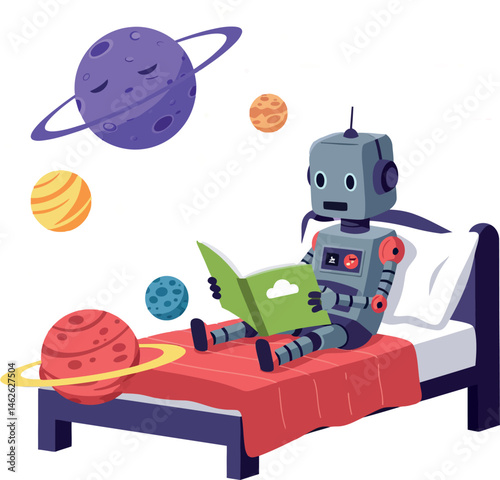 Robot reading book on bed with colorful planets floating in space-themed room vector illustration 