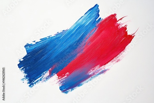 Abstract paint strokes of vibrant blue and red on a white background.  Brushstrokes blend and overlap