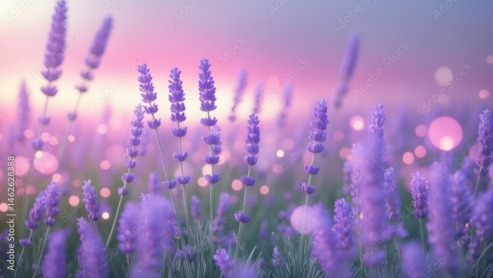 Fototapeta premium Lavender flowers bathed in sunlight outdoors with banner layout