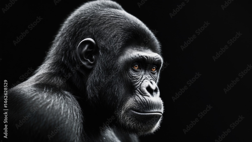 Obraz premium Chimpanzee in black and white with a reflective gaze