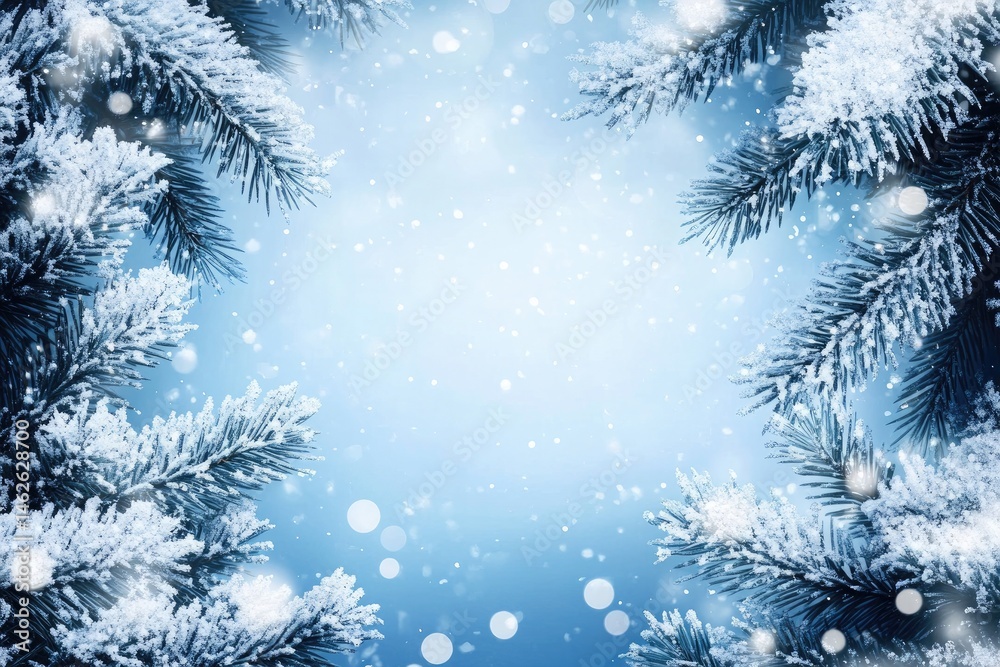 Fir Branches Covered With Snow And Ice Crystals The Blue Gradient Background Fir Branches Covered With Snow And Ice Crystals The Blue Gradient Background