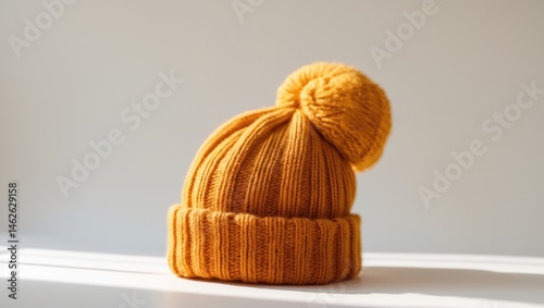 Isolated white background featuring a yellow knitted wool hat for fall