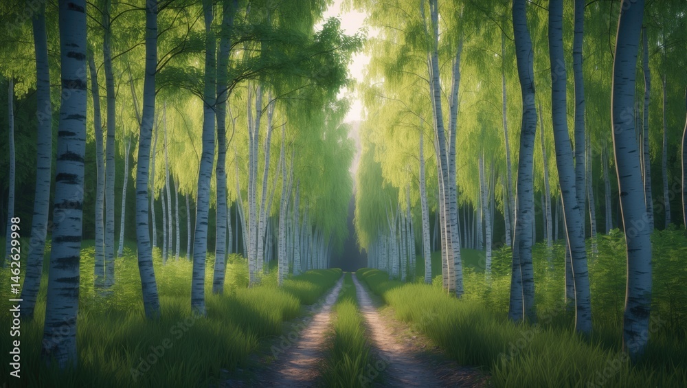 Sunlit birch forest in the valley during the day with vibrant foliage Sunlit birch forest in the valley during the day with vibrant foliage