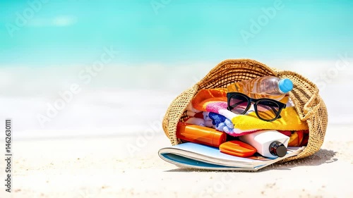 Relaxing Beach Day Video: Seamless loop of summer essentials in beach bag on sand, ocean waves background. Tropical vacation 4K footage.