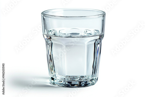 Glass of water on white background, pure and refreshing, reflects light beautifully with droplets glistening.