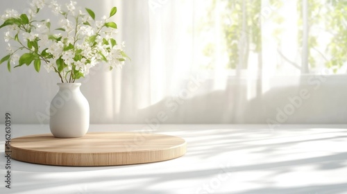 A simple, minimalist scene of a vase with blossoms on a wooden tray, bathed in natural light
