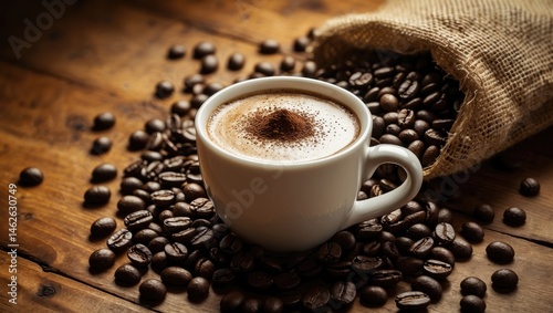 Cappuccino, coffee beans, and coffee cup on background photo