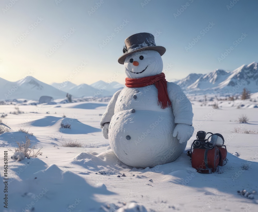 Obraz premium Frosty snowman amidst snowy expanse; abandoned winter gear scattered, sky, blue