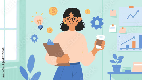 Vector of a confident modern woman wearing stylish glasses, designed in a clean flat style. perfect for branding, editorial, or merch use.