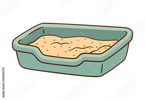 Vector cat litter box with cat filler. Hand drawn flat design cat sand in the toilet. Hygienic accessory for pets. Pet store product. Vector illustration