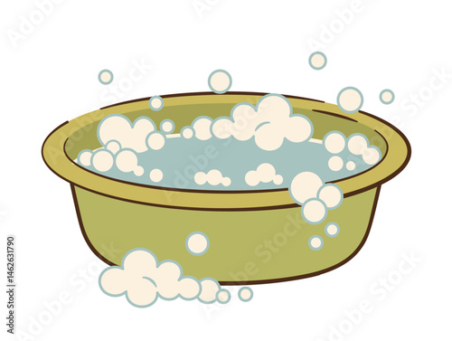 Basin of soapy water. Hand drawn flat style soap suds and water, washing clothes. Basin filled with water. House cleaning vector illustration