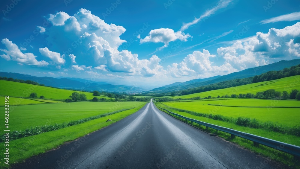 Fototapeta premium Rural street bordered by vibrant meadows and distant mountains beneath a clear blue sky