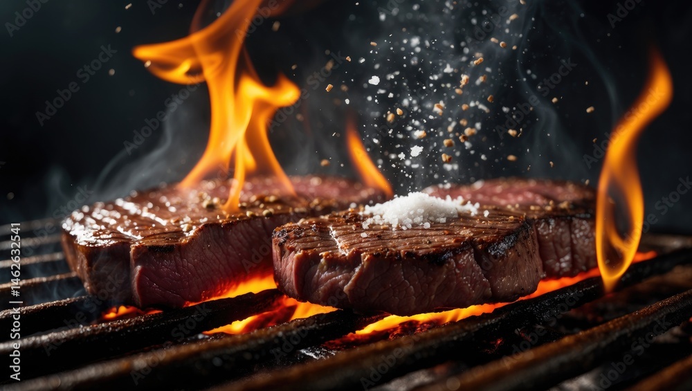 Fototapeta premium Flavorful Beef Steaks Roasting with Flames