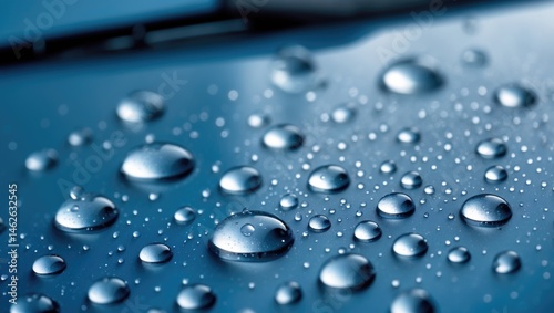 Raindrops and water beading on a glossy car surface with high surface tension