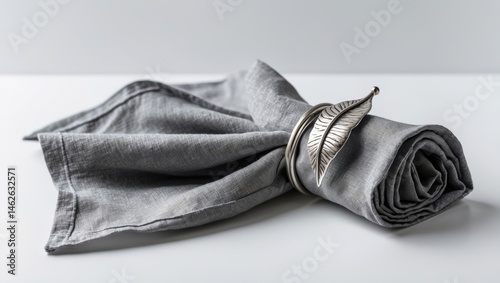 Stylish fabric napkin featuring a ring for table decor isolated on white