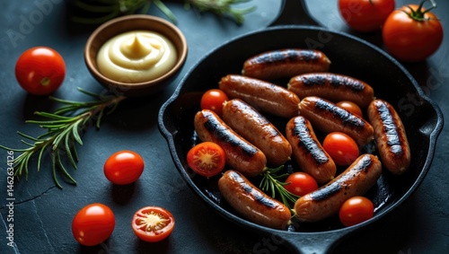 Rosemary and Tomato Grilled Mini Sausages Served with Sauce and Mayonnaise - Top Perspective