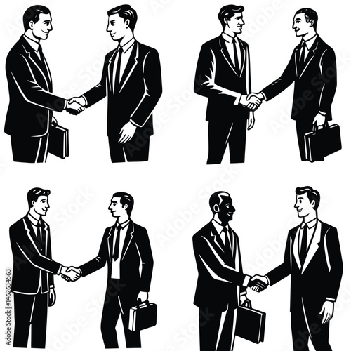 Black And White Illustration Of Businessmen Shaking Hands Symbolizing Partnership Agreement And Professional Collaboration