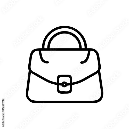 Black outline drawing of a woman accessory business bag or satchel with handle and clasp closure vector graphic icon on transparent background for design element.