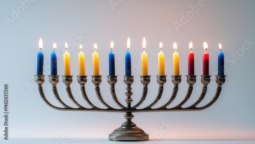 Seasonal background with menorah and burning candles isolated on white surface