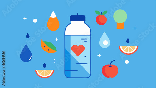Hydration and Hormones A dynamic illustration of a water bottle and fresh fruits with droplets and icons indicating the role of hydration in hormone health.
