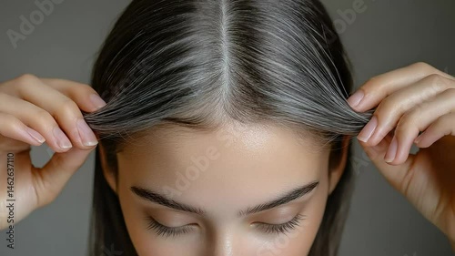 Young woman showing gray hair on her head