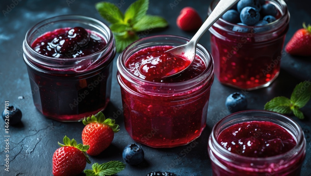 Collection of jams, mixed berries, mint, and fruits Collection of jams, mixed berries, mint, and fruits