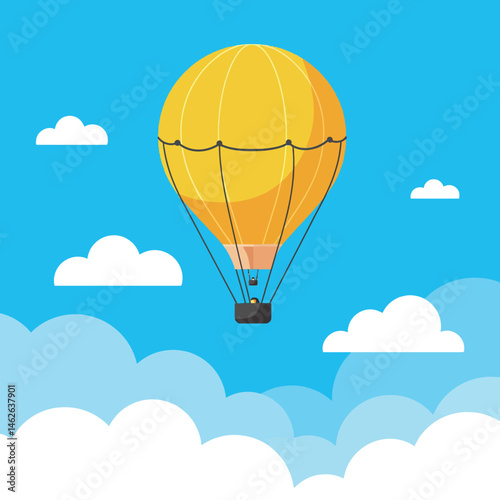 Hot Air Balloon Flying Above Clouds in Blue Sky Vector Illustration with Yellow Balloon 
