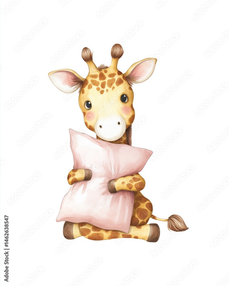 Fototapeta premium Baby Giraffe Hugging Pink Pillow on White Background