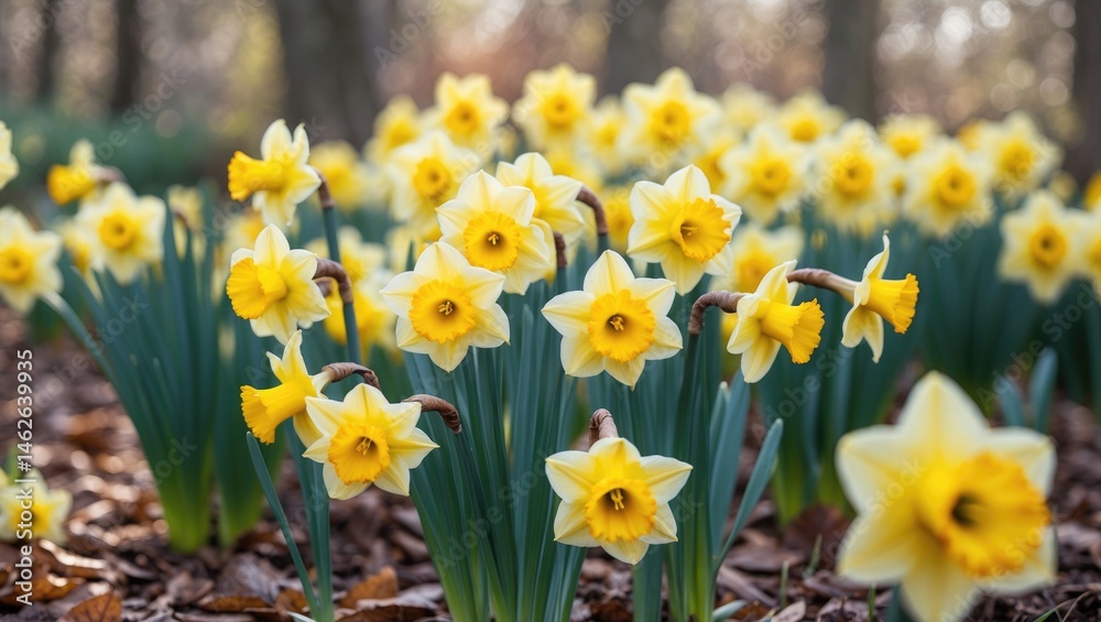 Fototapeta premium Spring garden filled with yellow daffodils under the sun.