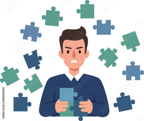 Man with puzzle pieces expressing frustration and concentration in blue and green tones vector illustration 