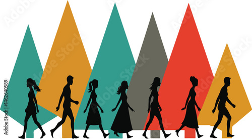 A diverse group of people walking together through a scenic forest path, surrounded by colourful trees and clean air, symbolises unity, peace, and environmental awareness.
