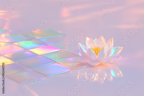 Iridescent Lotus of Mother-of-Pearl with Light on Abstract Modern Surface
