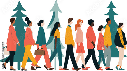 A diverse group of people walking together through a scenic forest path, surrounded by colourful trees and clean air, symbolises unity, peace, and environmental awareness.
