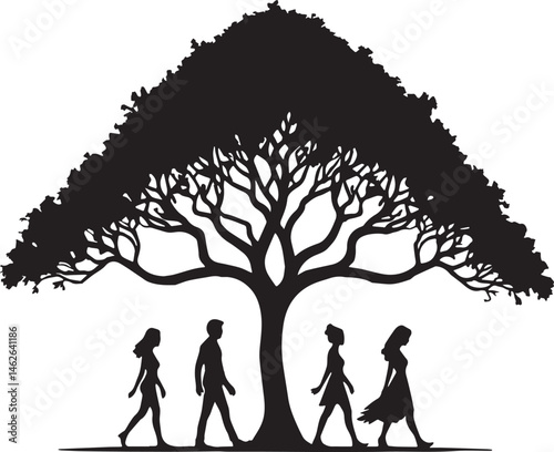 Abstract vector illustration of individuals strolling through nature, representing harmony, diversity, and the beauty of outdoor exploration.