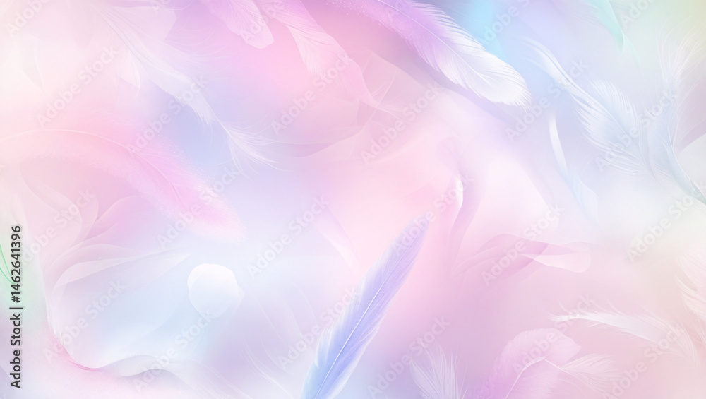 This image features a soft and dreamy abstract background composed of pastel colored feathers.