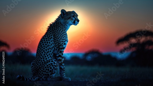 Silhouette of an adult female cheetah in African wildlife at night