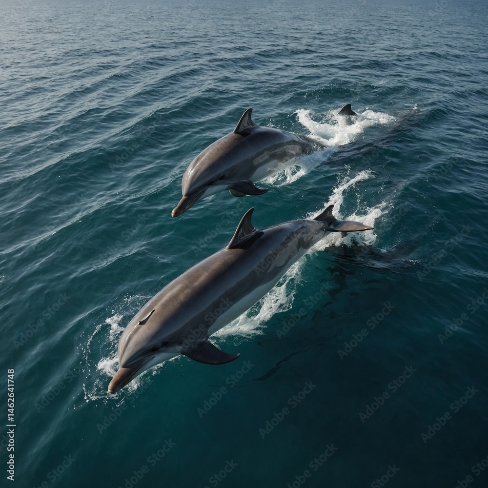 Fototapeta premium Dolphins Swimming Alongside a Boat.