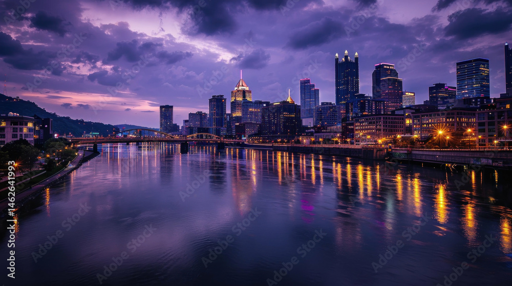 Naklejka premium Purple twilight city river reflections