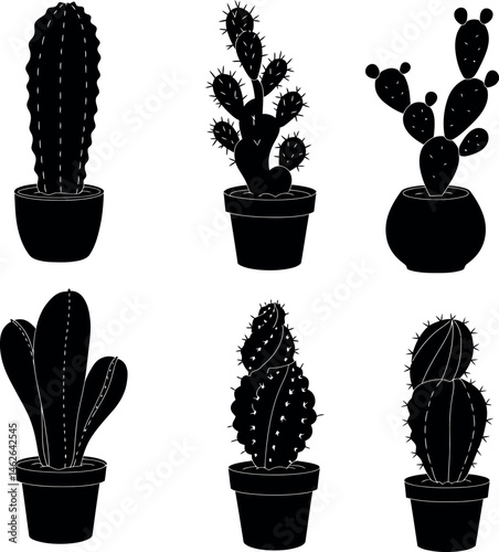 Collection of six black silhouette cactus plants in pots vector illustration 