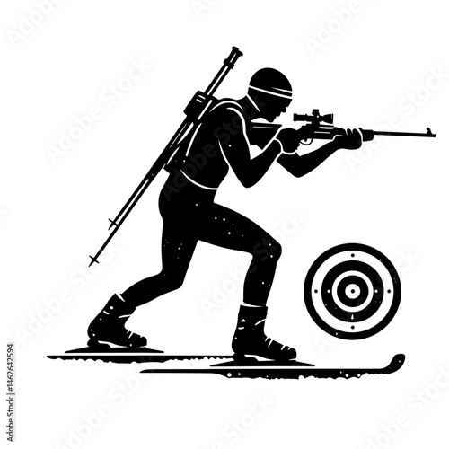 Biathlete aiming a rifle on snowy terrain