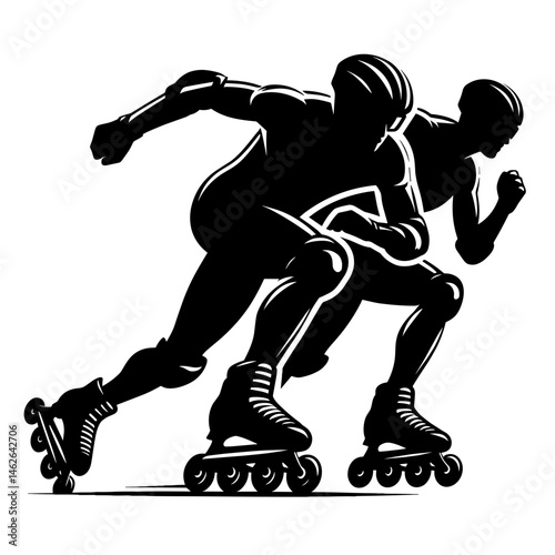 Roller skaters speed skating dynamically against white background