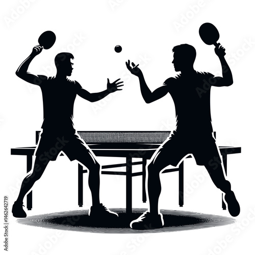 Two men playing table tennis against white background