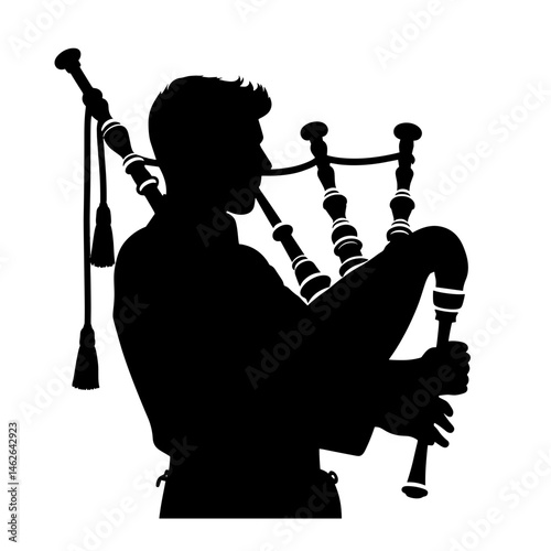 Silhouette of bagpiper playing instrument against white background