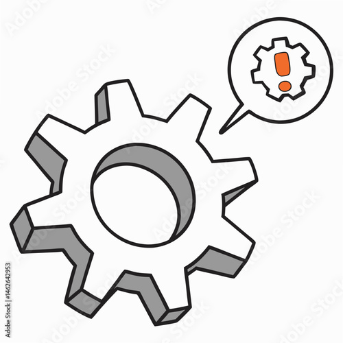 Gear with alert speech bubble vector illustration, modern design for engineering, technology, and communication projects